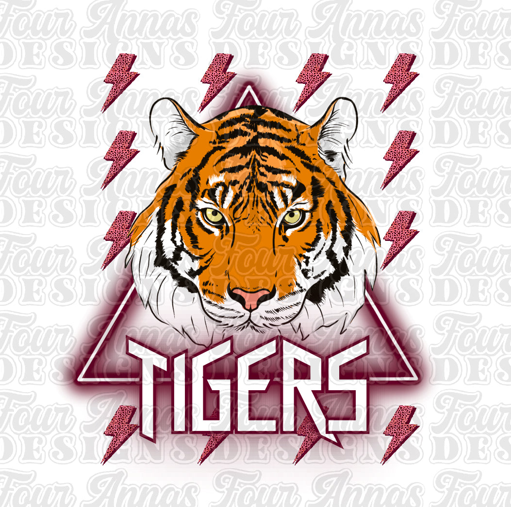 Neon lightning maroon Tigers mascot