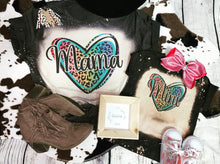 Load image into Gallery viewer, Leopard rainbow heart mama &amp; mini bleached Tees
