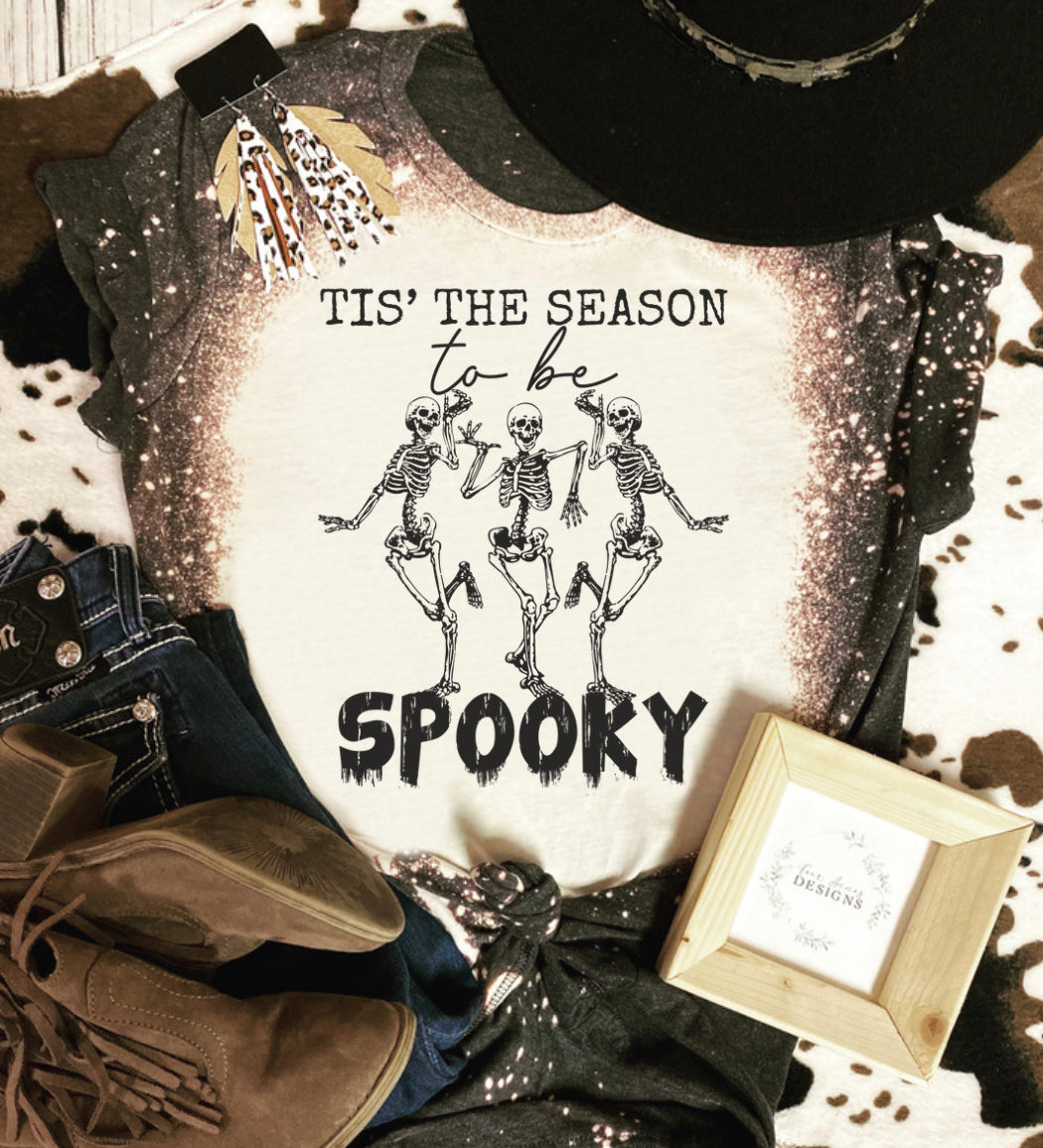 Tis’ the season to be spooky skellie Halloween bleached tee