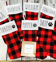 Load image into Gallery viewer, Personalized red buffalo check burlap farmhouse stockings
