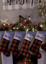 Load image into Gallery viewer, Personalized buffalo check burlap farmhouse stockings - Four Anna’s Designs 
