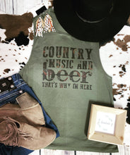 Load image into Gallery viewer, Country music and beer thats why I’m here muscle tank top
