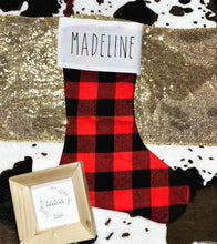 Load image into Gallery viewer, Personalized red buffalo check burlap farmhouse stockings
