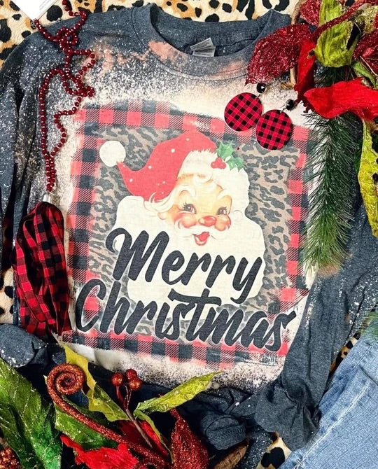 Merry Christmas plaid Santa bleached long sleeve